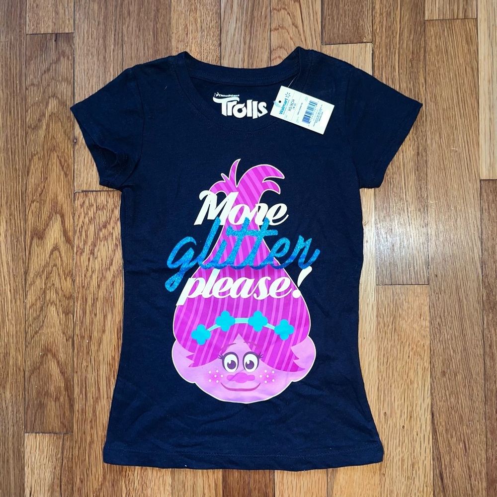 Trolls Black T-Shirt with Pink and Blue Design